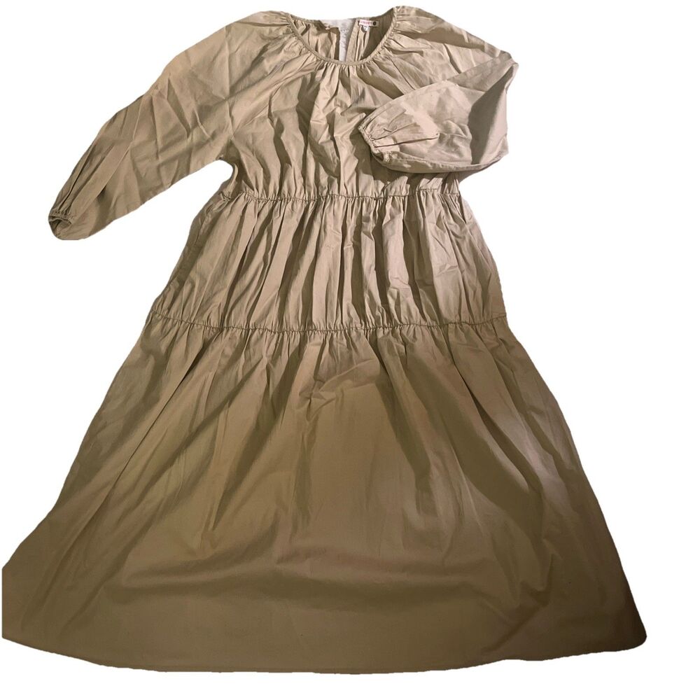 SUNDRY Shirred Tan Cotton Woven Tiered Midi Dress Medium